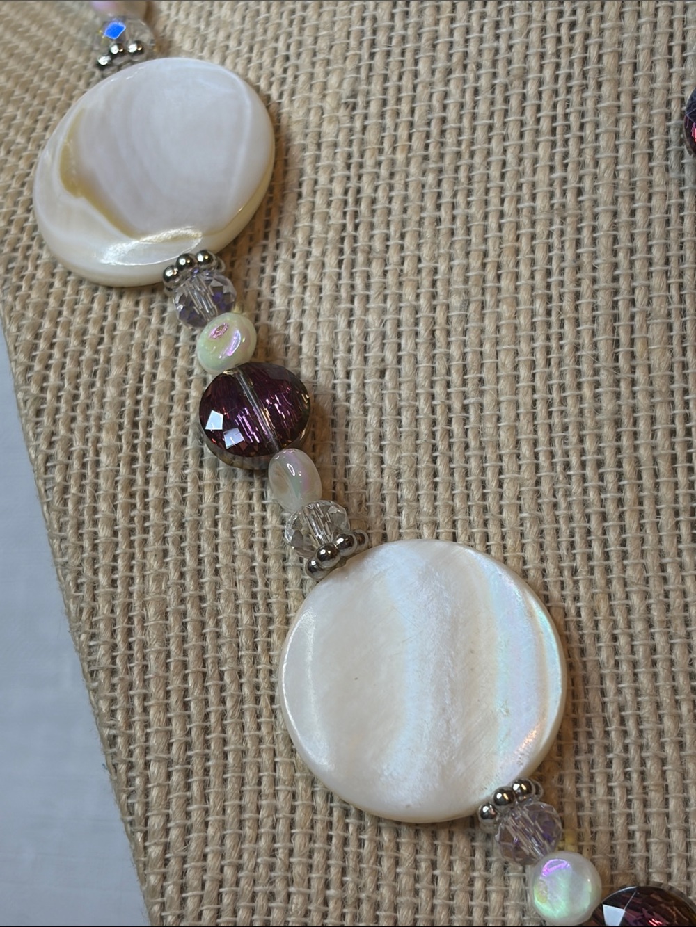 Handcrafted Plum/Cream Shell and Crystal Necklace and Earring Set - Picture 4 of 7